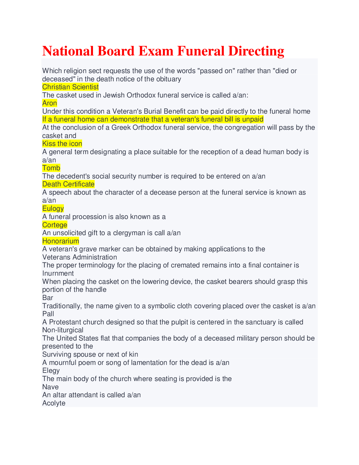 Preview image for National Board Exam Funeral Directing Exams with Verified Answers